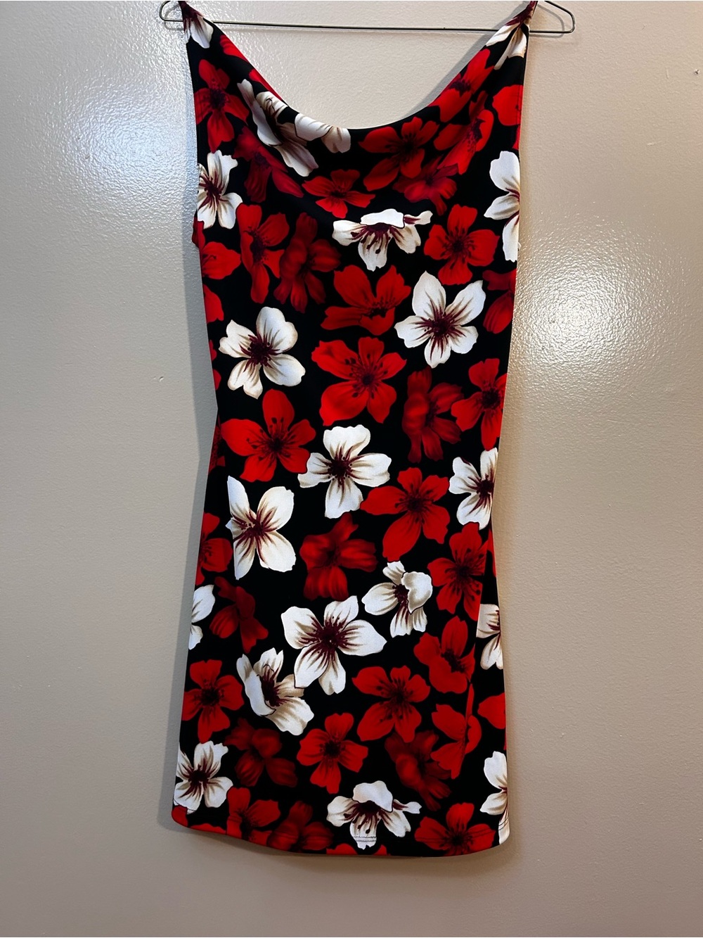 Red and White Floral Cowl Neck Mini Dress